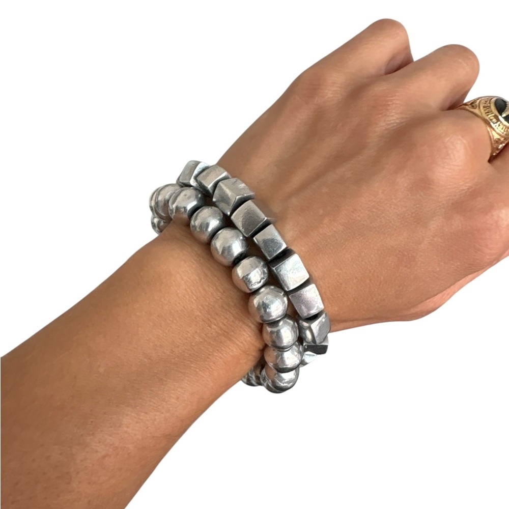 2pc Gunmetal Stretch Bracelet Set - Mixed Bead Stack